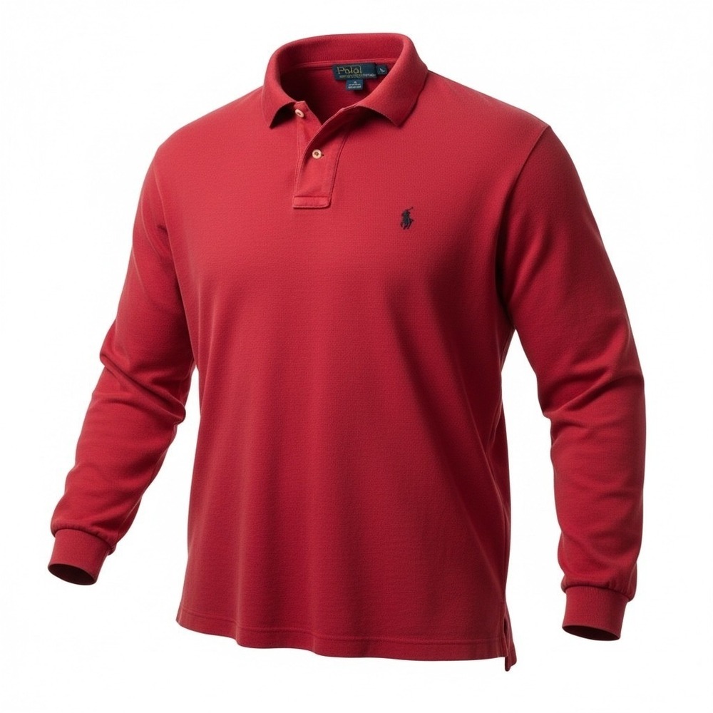 Polo Ralph Lauren Mens XL Red Long Sleeve Pique Polo Shirt Navy Blue Pony Logo‎